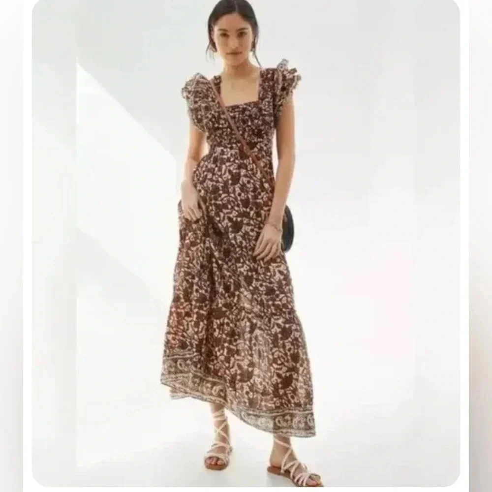 Love the Label Anthropologie Mirabelle Ruffled Maxi Dress Brown Size Medium